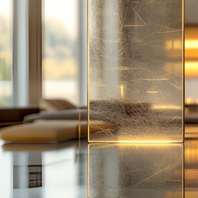 Panel decorativo de vidrio texturado apoyado en un ambiente interior elegante con luz cálida