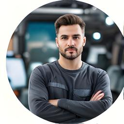 Retrato circular de Valenpro Cejudo frente a un taller automotriz con piezas de vidrio organizadas al fondo