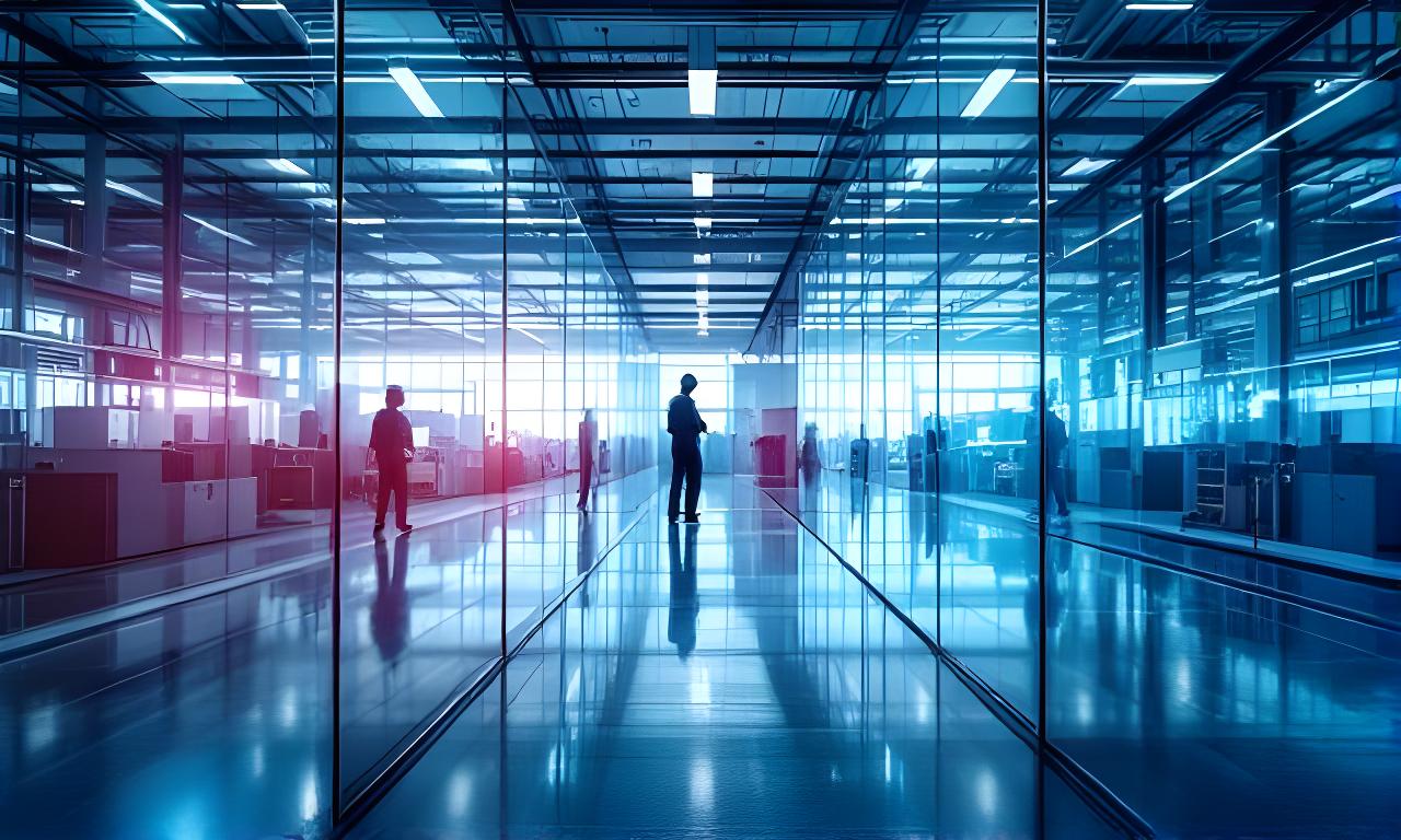 Planta moderna de fabricación de vidrio con grandes paños reflejando luz natural y personal técnico trabajando al fondo